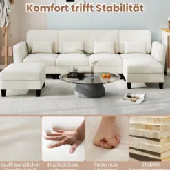 280 cm Ecksofa mit 2 Ottomane U-förmiges modulares Sofa mit USB- & Type-C-Ladeanschlüssen 4-Sitzer Sofa-Set Beige
