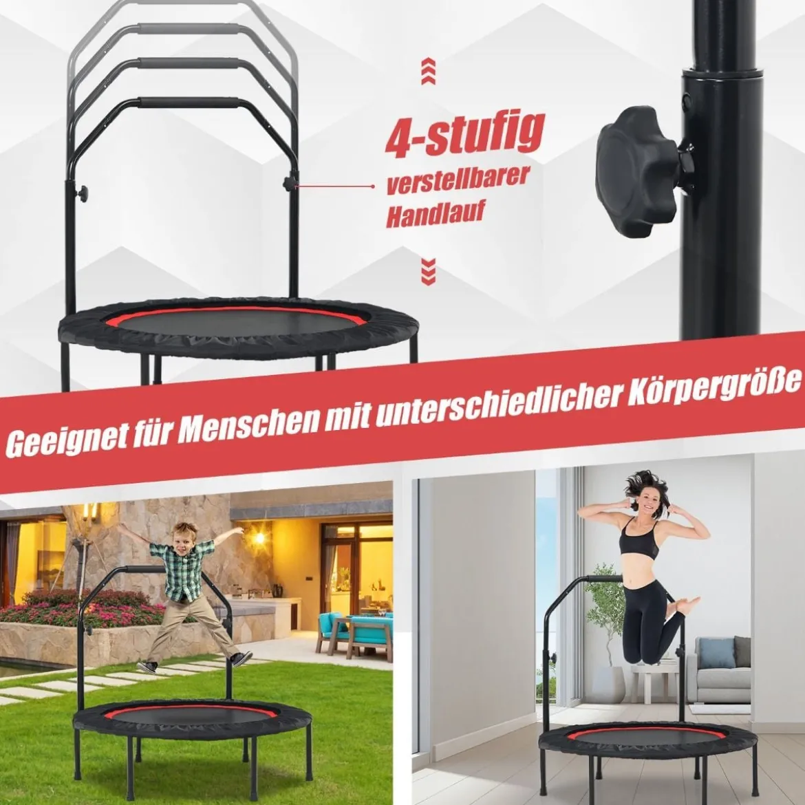 φ101cm Fitmess Trampolin Mini Trampolin mit höhenverstellbarm Haltegriff & 2 Widerstandsbändern