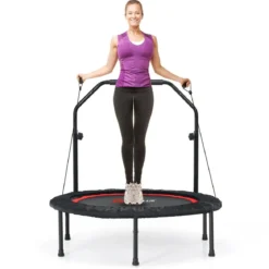 φ101cm Fitmess Trampolin Mini Trampolin mit höhenverstellbarm Haltegriff & 2 Widerstandsbändern