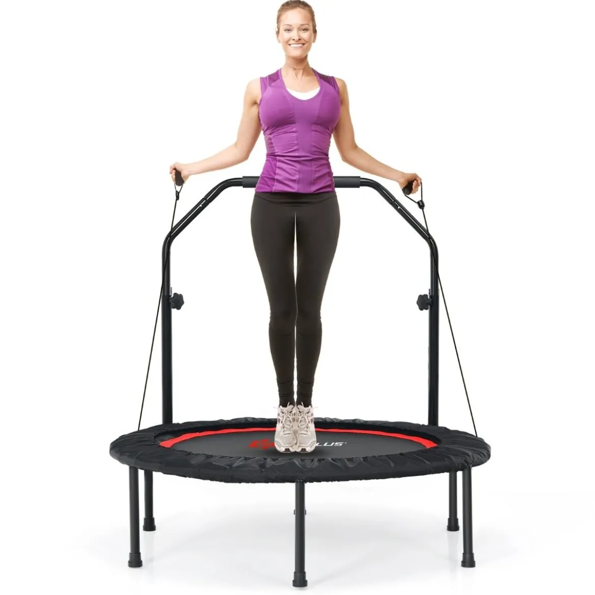 φ101cm Fitmess Trampolin Mini Trampolin mit höhenverstellbarm Haltegriff & 2 Widerstandsbändern
