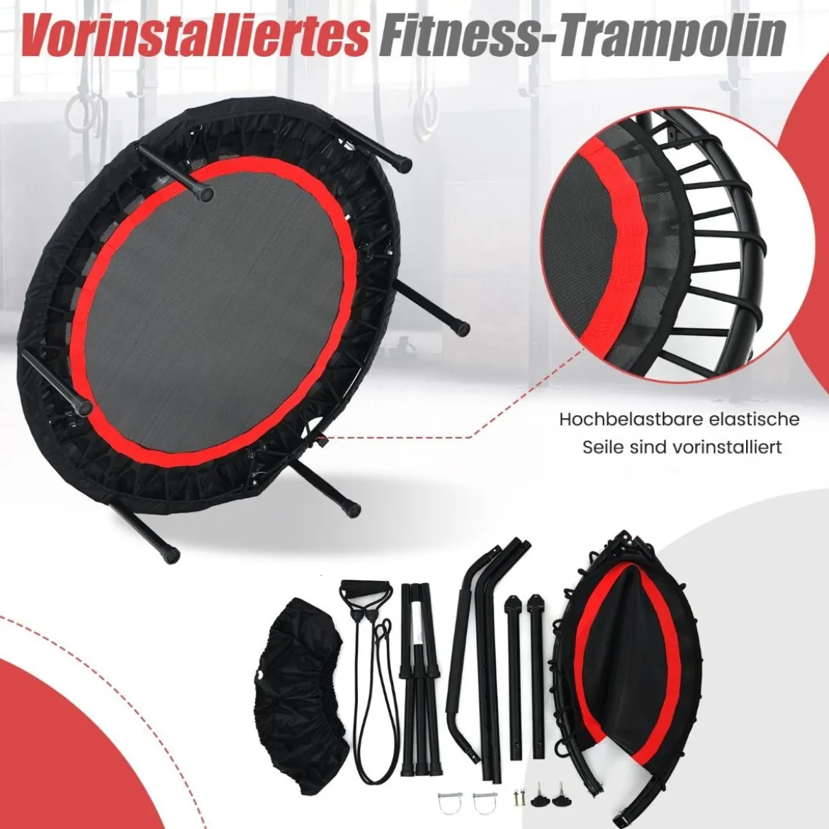 φ101cm Fitmess Trampolin Mini Trampolin mit höhenverstellbarm Haltegriff & 2 Widerstandsbändern