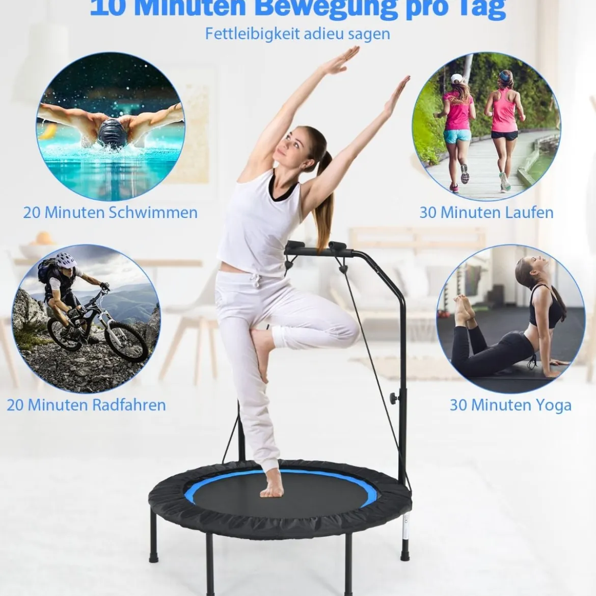 φ101cm Fitmess Trampolin Mini Trampolin mit höhenverstellbarm Haltegriff & 2 Widerstandsbändern