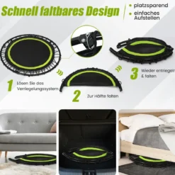 φ101cm Fitmess Trampolin Mini Trampolin mit höhenverstellbarm Haltegriff & 2 Widerstandsbändern