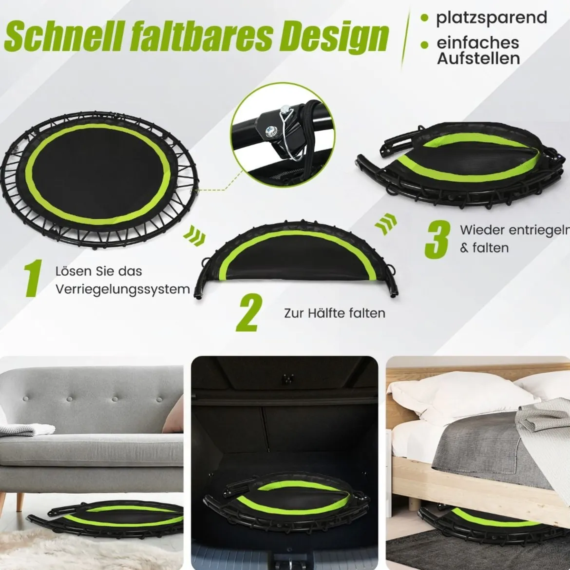 φ101cm Fitmess Trampolin Mini Trampolin mit höhenverstellbarm Haltegriff & 2 Widerstandsbändern
