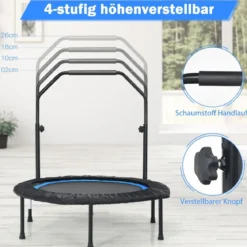 φ101cm Fitmess Trampolin Mini Trampolin mit höhenverstellbarm Haltegriff & 2 Widerstandsbändern