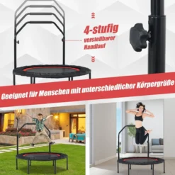 φ101cm Fitmess Trampolin Mini Trampolin mit höhenverstellbarm Haltegriff & 2 Widerstandsbändern