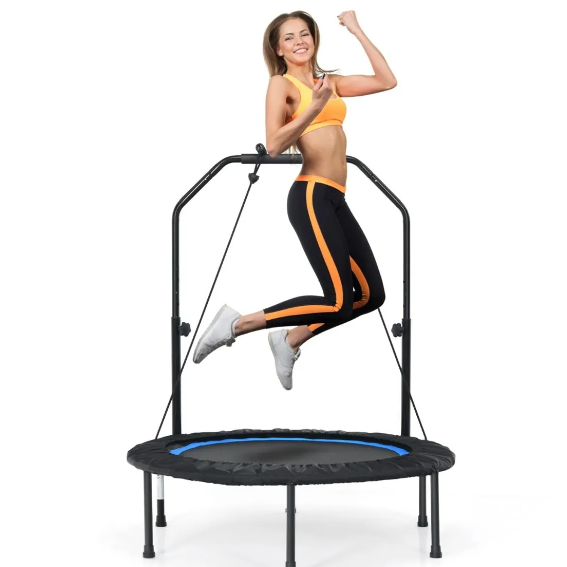 φ101cm Fitmess Trampolin Mini Trampolin mit höhenverstellbarm Haltegriff & 2 Widerstandsbändern