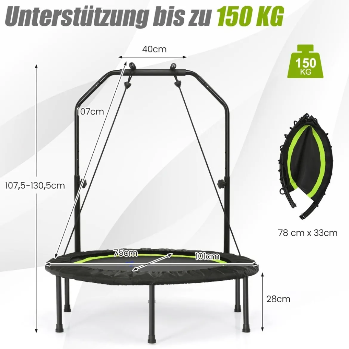 φ101cm Fitmess Trampolin Mini Trampolin mit höhenverstellbarm Haltegriff & 2 Widerstandsbändern