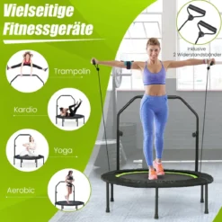 φ101cm Fitmess Trampolin Mini Trampolin mit höhenverstellbarm Haltegriff & 2 Widerstandsbändern