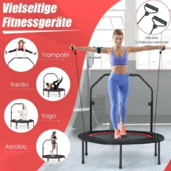 φ101cm Fitmess Trampolin Mini Trampolin mit höhenverstellbarm Haltegriff & 2 Widerstandsbändern