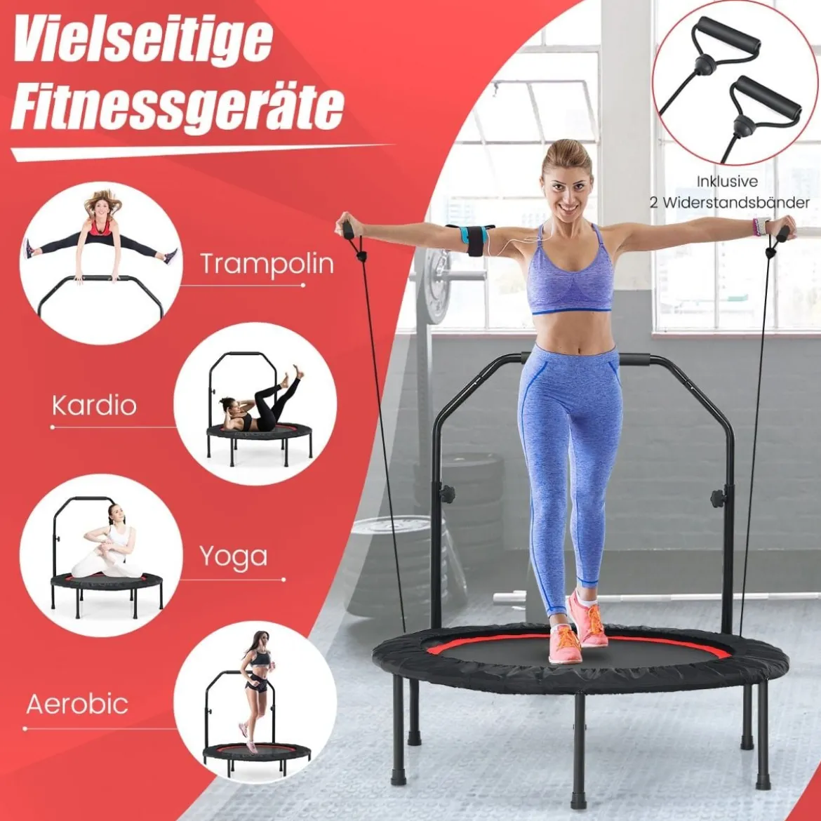 φ101cm Fitmess Trampolin Mini Trampolin mit höhenverstellbarm Haltegriff & 2 Widerstandsbändern