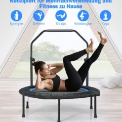 φ101cm Fitmess Trampolin Mini Trampolin mit höhenverstellbarm Haltegriff & 2 Widerstandsbändern