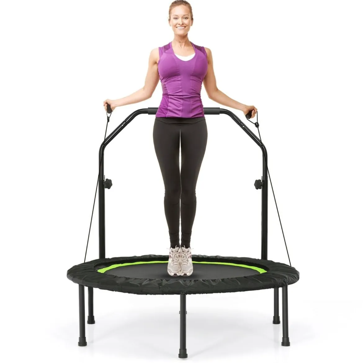 φ101cm Fitmess Trampolin Mini Trampolin mit höhenverstellbarm Haltegriff & 2 Widerstandsbändern