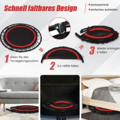 φ101cm Fitmess Trampolin Mini Trampolin mit höhenverstellbarm Haltegriff & 2 Widerstandsbändern