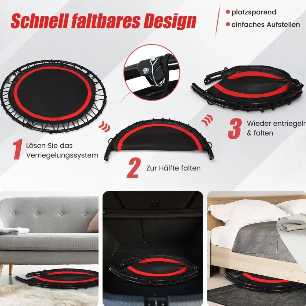φ101cm Fitmess Trampolin Mini Trampolin mit höhenverstellbarm Haltegriff & 2 Widerstandsbändern