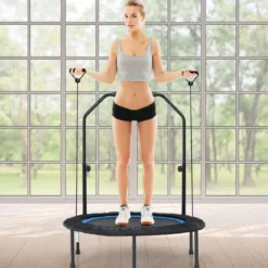 φ101cm Fitmess Trampolin Mini Trampolin mit höhenverstellbarm Haltegriff & 2 Widerstandsbändern
