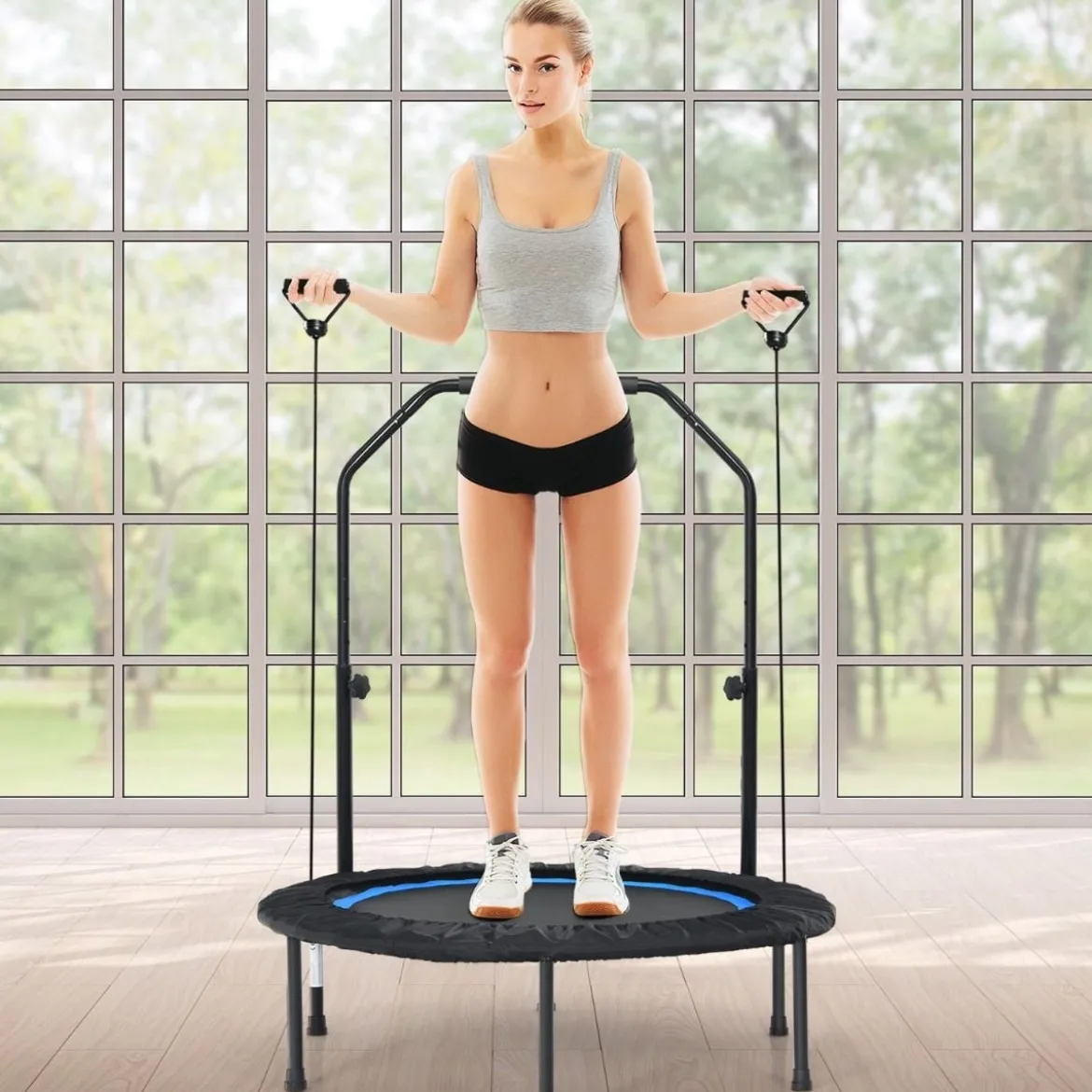 φ101cm Fitmess Trampolin Mini Trampolin mit höhenverstellbarm Haltegriff & 2 Widerstandsbändern