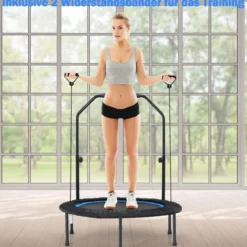 φ101cm Fitmess Trampolin Mini Trampolin mit höhenverstellbarm Haltegriff & 2 Widerstandsbändern