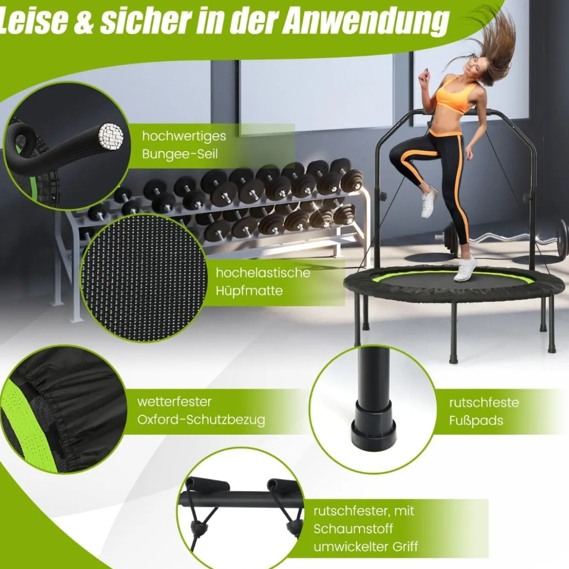 φ101cm Fitmess Trampolin Mini Trampolin mit höhenverstellbarm Haltegriff & 2 Widerstandsbändern