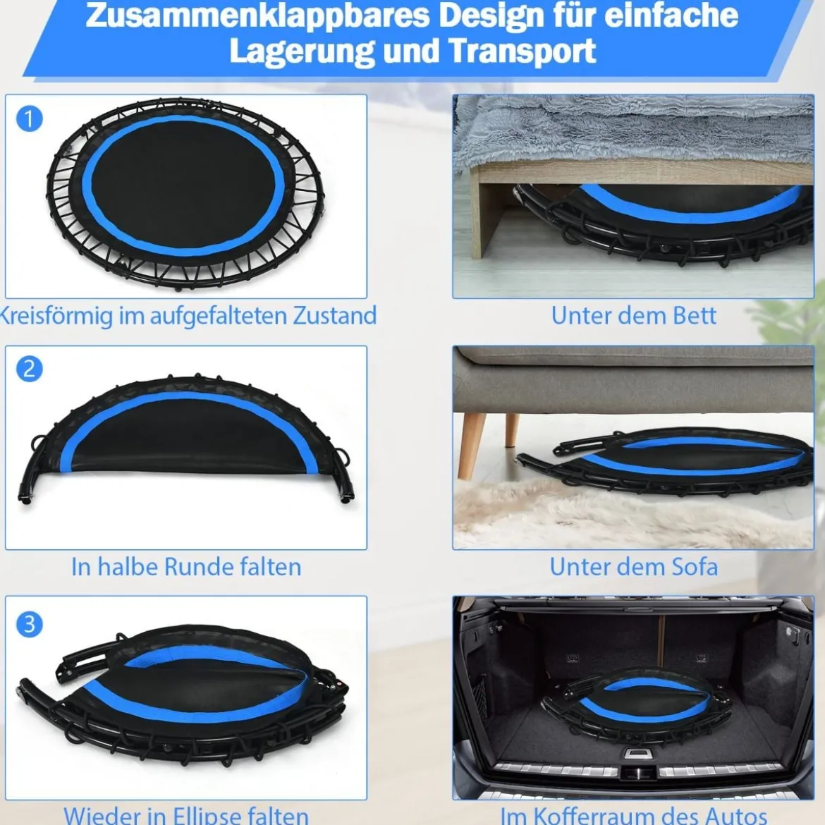 φ101cm Fitmess Trampolin Mini Trampolin mit höhenverstellbarm Haltegriff & 2 Widerstandsbändern