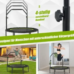 φ101cm Fitmess Trampolin Mini Trampolin mit höhenverstellbarm Haltegriff & 2 Widerstandsbändern