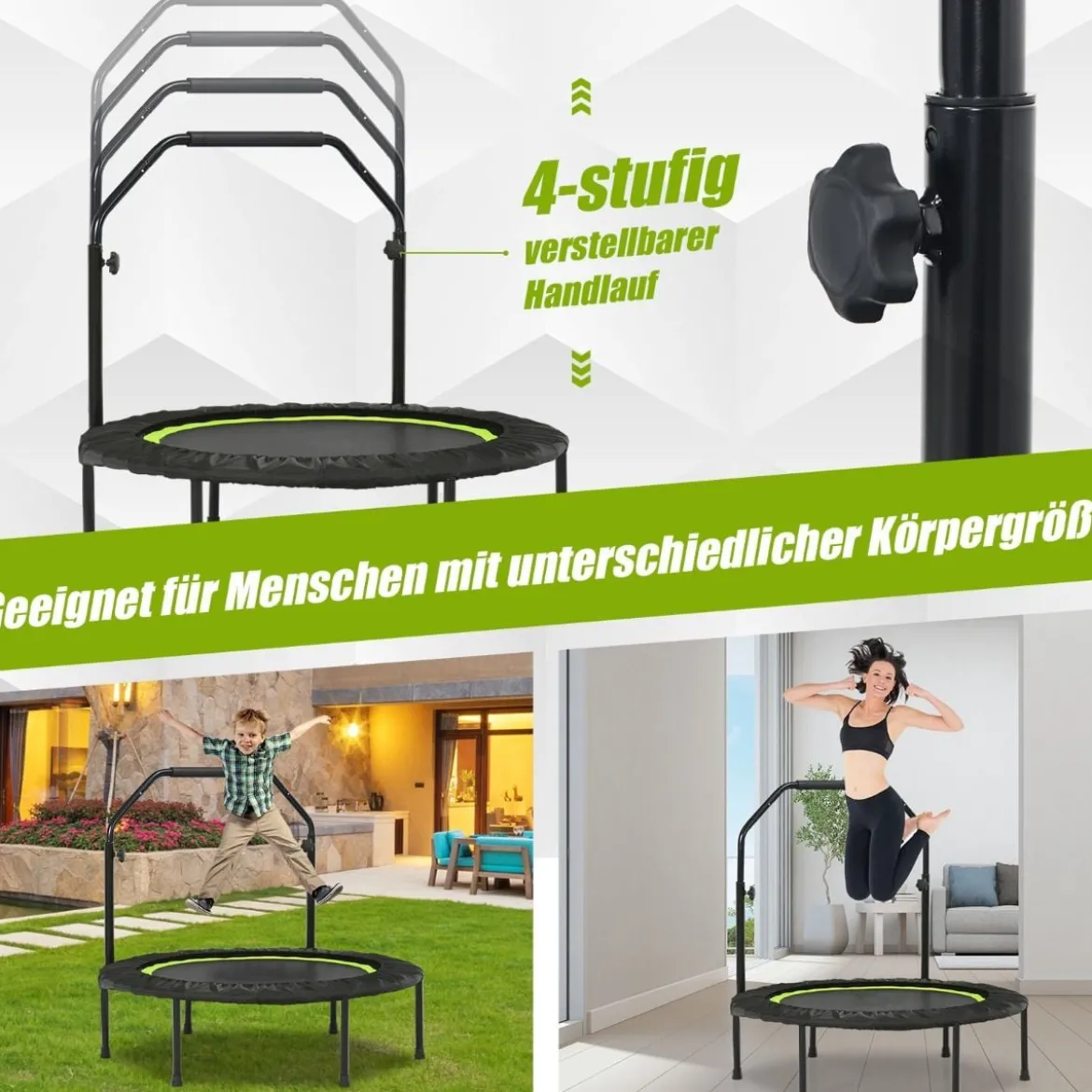 φ101cm Fitmess Trampolin Mini Trampolin mit höhenverstellbarm Haltegriff & 2 Widerstandsbändern