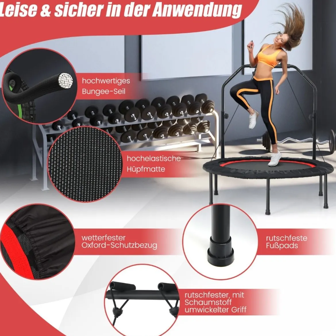φ101cm Fitmess Trampolin Mini Trampolin mit höhenverstellbarm Haltegriff & 2 Widerstandsbändern