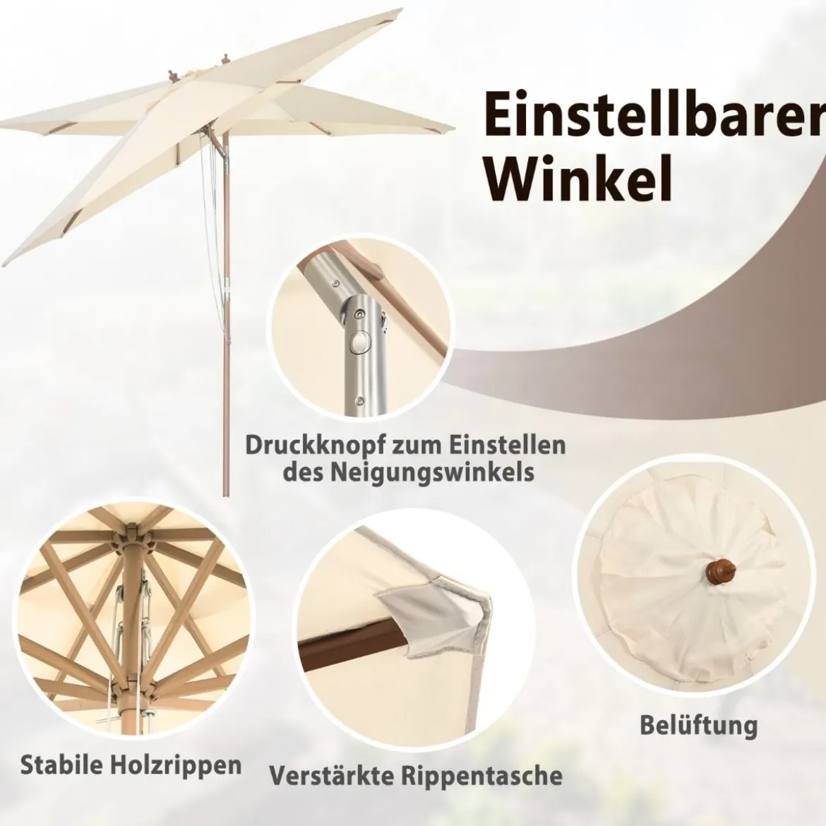 270 cm Gartenschirm aus Holz Beidseitig um 30° Knickbar Beige