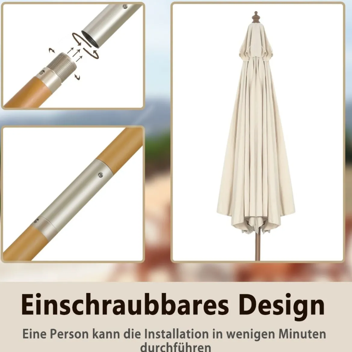 270 cm Gartenschirm aus Holz Beidseitig um 30° Knickbar Beige