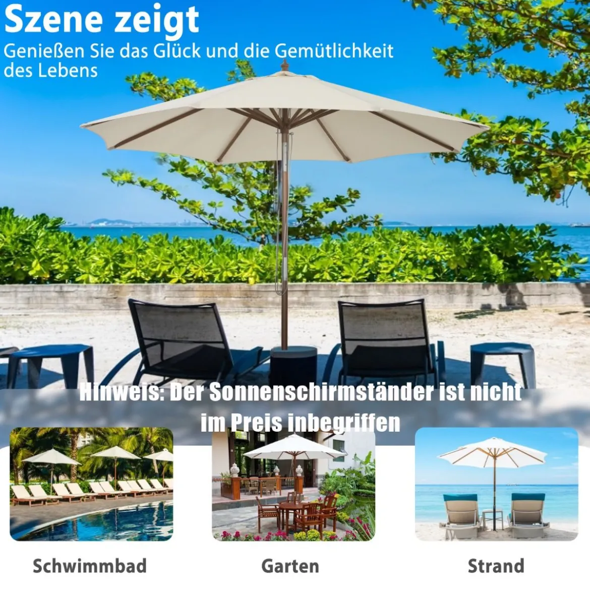 270 cm Gartenschirm aus Holz Beidseitig um 30° Knickbar Beige