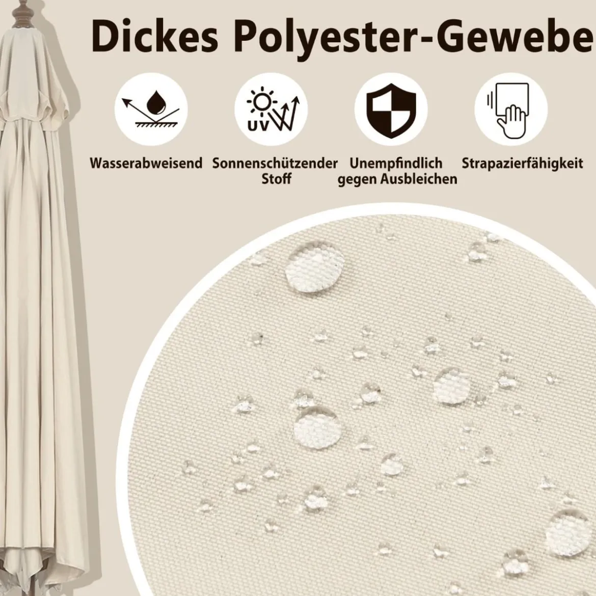 270 cm Gartenschirm aus Holz Beidseitig um 30° Knickbar Beige