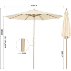 270 cm Gartenschirm aus Holz Beidseitig um 30° Knickbar Beige