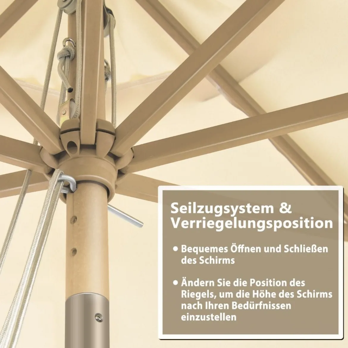 300 cm Gartenschirm aus Holz Beidseitig um 30° Knickbar Beige