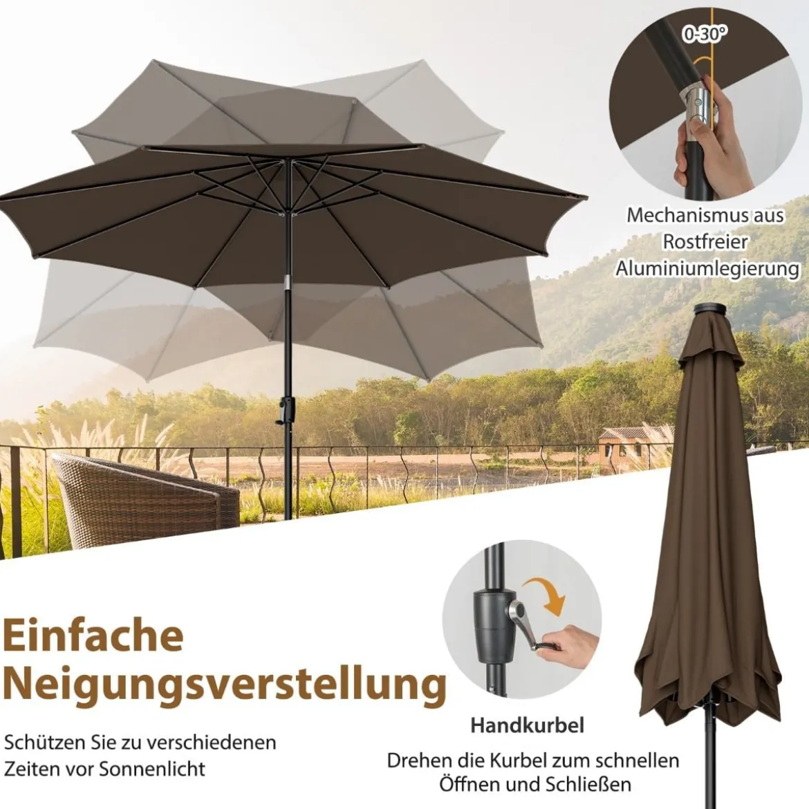 Ø300cm Gartenschirm Sonnenschirm mit 112 LED-Leuchten Kaffee