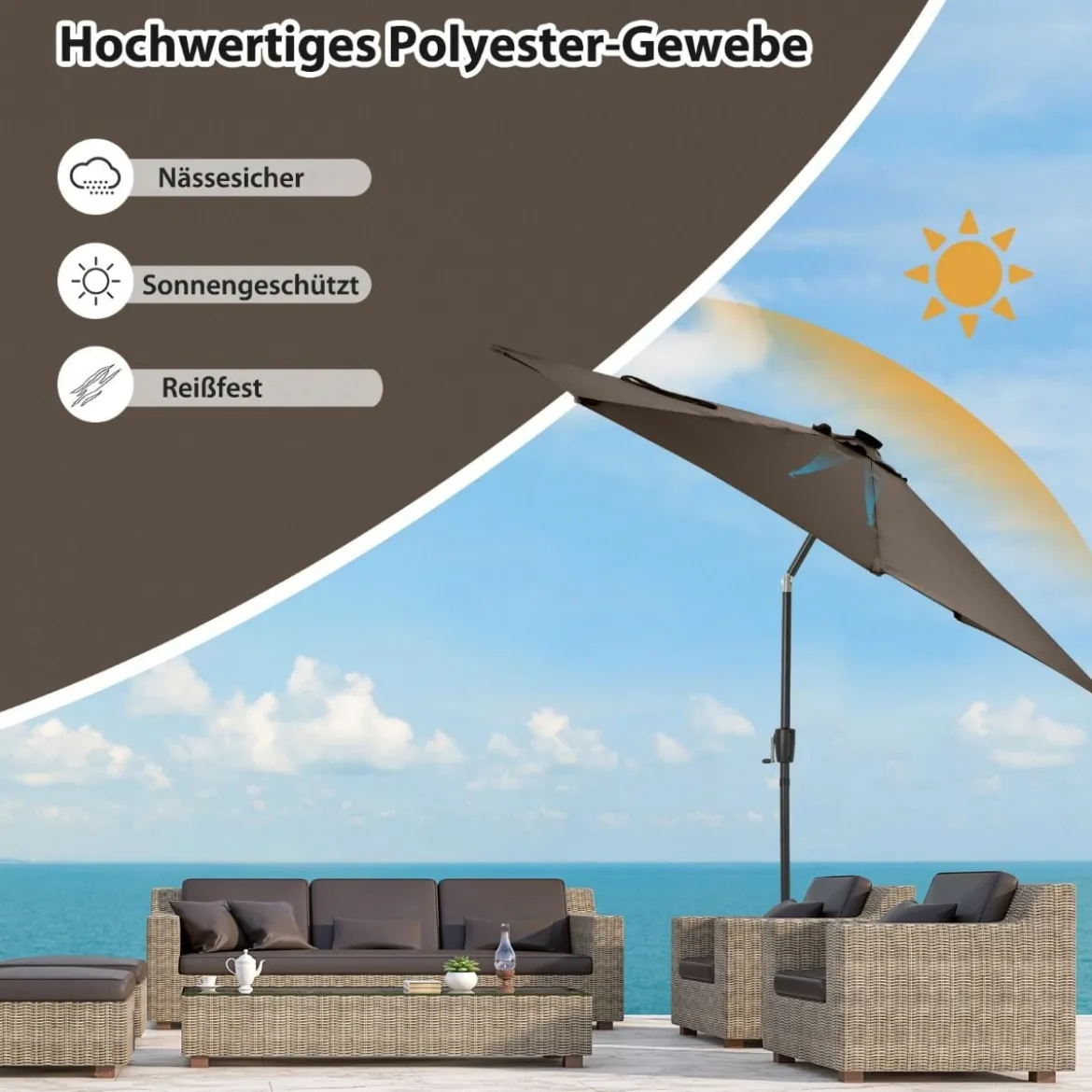 Ø300cm Gartenschirm Sonnenschirm mit 112 LED-Leuchten Kaffee