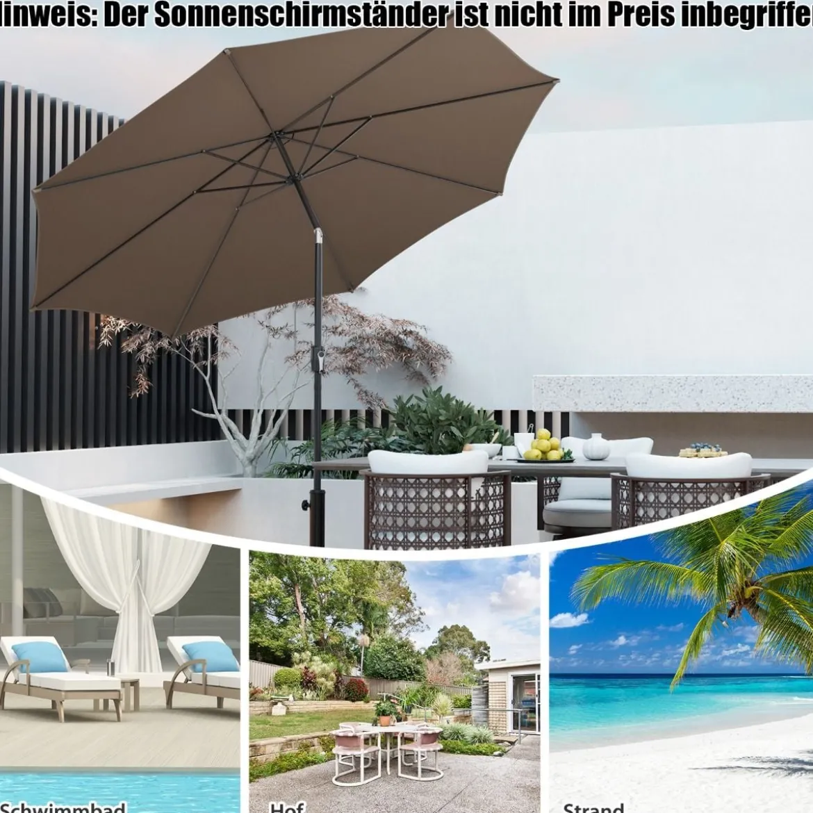 Ø300cm Gartenschirm Sonnenschirm mit 112 LED-Leuchten Kaffee