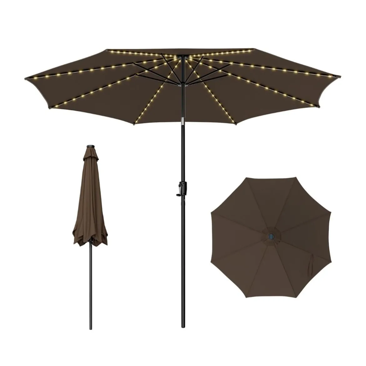 Ø300cm Gartenschirm Sonnenschirm mit 112 LED-Leuchten Kaffee