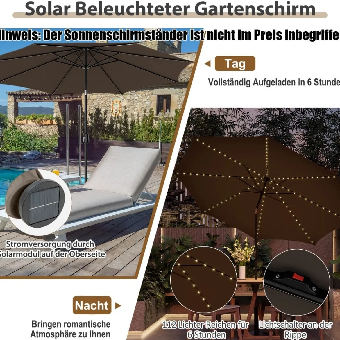 Ø300cm Gartenschirm Sonnenschirm mit 112 LED-Leuchten Kaffee