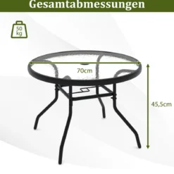 Ø 70 cm Gartentisch mit Schirmloch & Glasplatte Outdoor Beistelltisch Runder Kaffeetisch Balkontisch