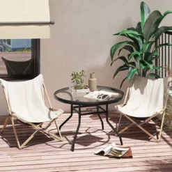 Ø 70 cm Gartentisch mit Schirmloch & Glasplatte Outdoor Beistelltisch Runder Kaffeetisch Balkontisch