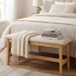 100 Cm Gepolsterte Bambus Bank Kunstleder Schuhbank Bettbank Für Schlafzimmer Esszimmer Flur Beige