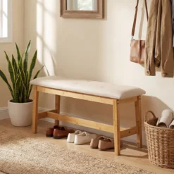 100 Cm Gepolsterte Bambus Bank Kunstleder Schuhbank Bettbank Für Schlafzimmer Esszimmer Flur Beige
