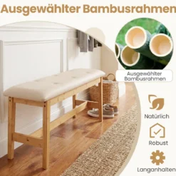 100 Cm Gepolsterte Bambus Bank Kunstleder Schuhbank Bettbank Für Schlafzimmer Esszimmer Flur Beige