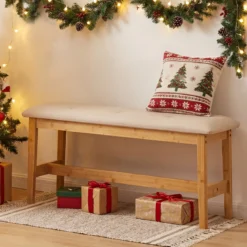 100 Cm Gepolsterte Bambus Bank Kunstleder Schuhbank Bettbank Für Schlafzimmer Esszimmer Flur Beige