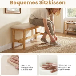 100 Cm Gepolsterte Bambus Bank Kunstleder Schuhbank Bettbank Für Schlafzimmer Esszimmer Flur Beige