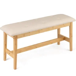 100 Cm Gepolsterte Bambus Bank Kunstleder Schuhbank Bettbank Für Schlafzimmer Esszimmer Flur Beige