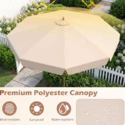300 cm gezackter Sonnenschirm Marktschirm mit Neigemechanismus Gartenschirm mit Holzstab Graun/Braun/Beige