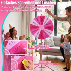 60 cm Glücksrad mit 12 Fächern & Klappbarem Höhenverstellbarem Dreibein-Ständer Rosa