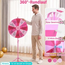 60 cm Glücksrad mit 12 Fächern & Klappbarem Höhenverstellbarem Dreibein-Ständer Rosa