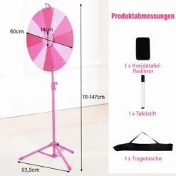 60 cm Glücksrad mit 12 Fächern & Klappbarem Höhenverstellbarem Dreibein-Ständer Rosa